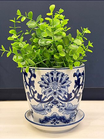 Cachepot em Cerâmica - Flores - Azul e Branco - 13CM