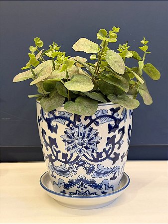 Cachepot em Cerâmica - Flores - Azul e Branco - 16CM