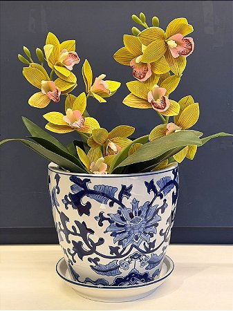 Cachepot em Cerâmica - Flores - Azul e Branco - 20CM