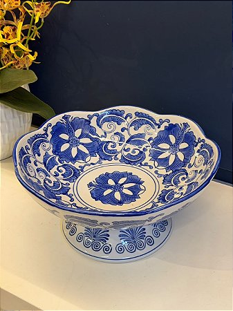 Centro de Mesa em Cerâmica - Fruteira - Azul e Branco