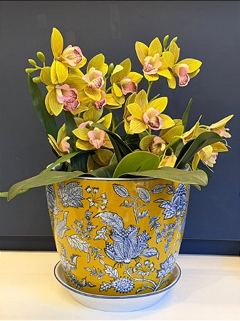 Cachepot em Cerâmica - Amarelo e Azul - 25CM