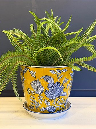 Cachepot em Cerâmica - Amarelo e Azul - 20CM