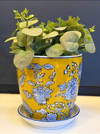 Cachepot em Cerâmica - Amarelo e Azul - 16CM