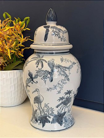 Potiche Cerâmica - Branco e Cinza - 37CM