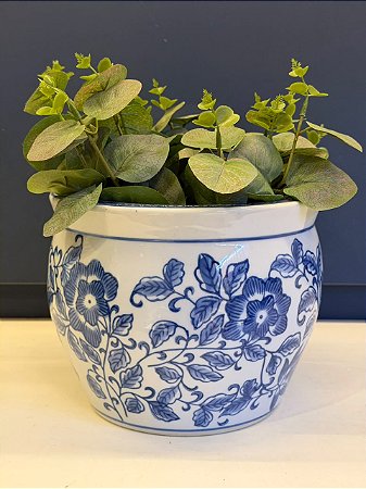 Cachepot em Cerâmica - Azul e Branco - 20CM