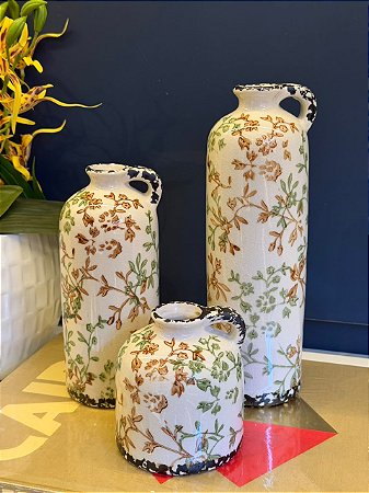 Trio Vasos Decorativos - Cerâmica - Off White, Verde e Marrom