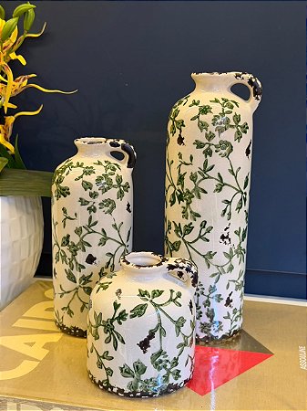 Trio Vasos Decorativos - Cerâmica - Off White e Verde