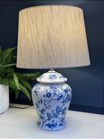 Abajur - Cerâmica - Pássaros e Flores - Azul e Branco com Cúpula
