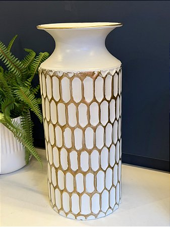 Vaso - Ceramica - Branco e Dourado - 39CM