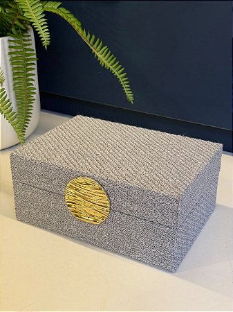 Caixa Decorativa - Tecido - 8X18 - Cinza e Dourado