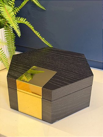 Caixa Decorativa - Madeira - Porta Joias - Preto e Dourado - 22X25