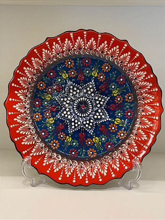 Prato de Parede Grande - Turquia - Decorativo - Cerâmica - Laranja, Azul e Colorido