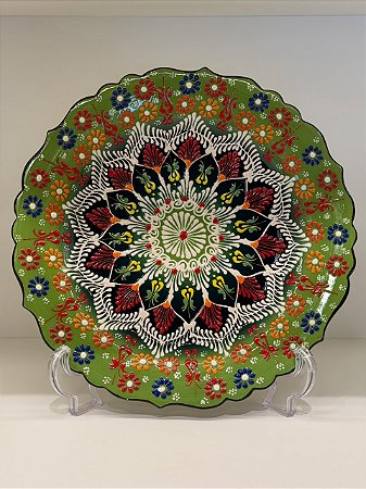 Prato de Parede Grande - Turquia - Decorativo - Cerâmica - Verde, Preto e Colorido