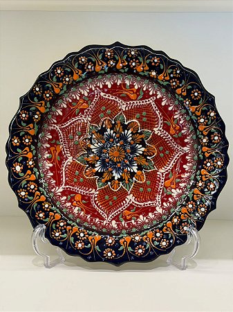 Prato de Parede Grande - Turquia - Decorativo - Cerâmica - Preto, Vermelho e Colorido