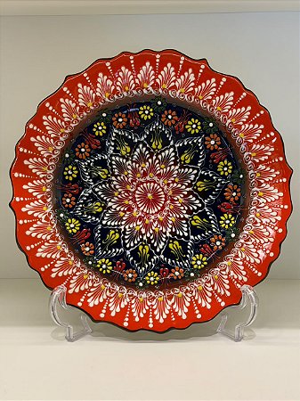 Prato de Parede Grande - Turquia - Decorativo - Cerâmica - Laranja, Preto e Colorido