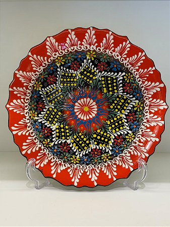 Prato de Parede Grande - Turquia - Decorativo - Cerâmica - Laranja, Preto e Colorido