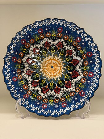 Prato de Parede Grande - Turquia - Decorativo - Cerâmica - Azul, Preto e Colorido