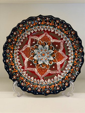 Prato de Parede Grande - Turquia - Decorativo - Cerâmica - Preto, Vermelho e Colorido