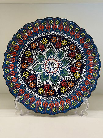Prato de Parede Grande - Turquia - Decorativo - Cerâmica - Preto, Azul e Colorido