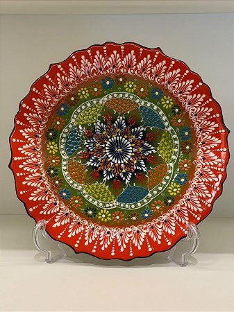 Prato de Parede Grande - Turquia - Decorativo - Cerâmica - Laranja Verde e Colorido