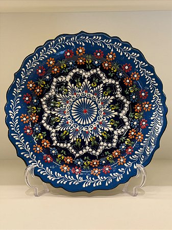 Prato de Parede Grande - Turquia - Decorativo - Cerâmica - Azul, Preto e Colorido