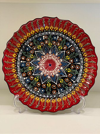 Prato de Parede Grande - Turquia - Decorativo - Cerâmica - Vermelho, Preto e Colorido