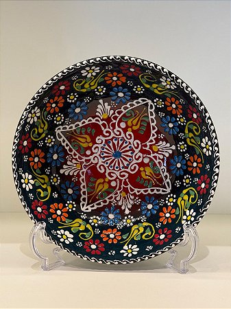 Saladeira - Cerâmica - Turquia - Pintura Relevo - Tamanho Pequeno - Verde Escuro e Colorido
