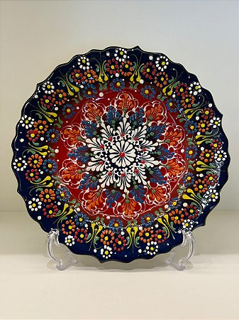 Prato de Parede Medio - Turquia - Decorativo - Cerâmica - Alto Relevo - Azul, Vermelho e Colorido