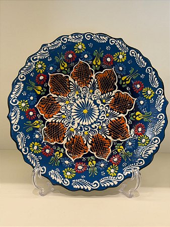 Prato de Parede Medio - Turquia - Decorativo - Cerâmica - Alto Relevo - Azul, Laranja e Colorido