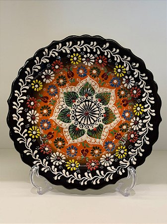 Prato de Parede Medio - Turquia - Decorativo - Cerâmica - Alto Relevo - Preto, Laranja e Colorido