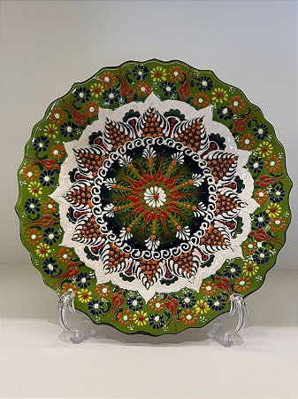 Prato de Parede Medio - Turquia - Decorativo - Cerâmica - Alto Relevo - Verde, Preto e Colorido