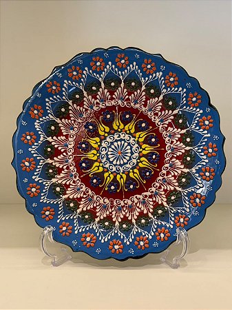 Prato de Parede Medio - Turquia - Decorativo - Cerâmica - Alto Relevo - Azul, Vermelho e Colorido