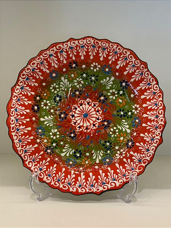 Prato de Parede Medio - Turquia - Decorativo - Cerâmica - Alto Relevo - Laranja, Verde e Colorido