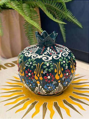 Romã Decorativa - Cerâmica - Pintado à mão - Turquia - Verde Escuro - 11CM
