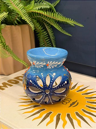 Porta Vela - Cerâmica - Azul Claro e Azul Escuro - 10CM