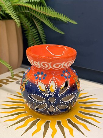 Porta Vela - Cerâmica - Laranja e Azul - 10CM
