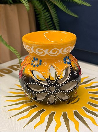 Porta Vela - Cerâmica - Amarelo e Preto - 10CM