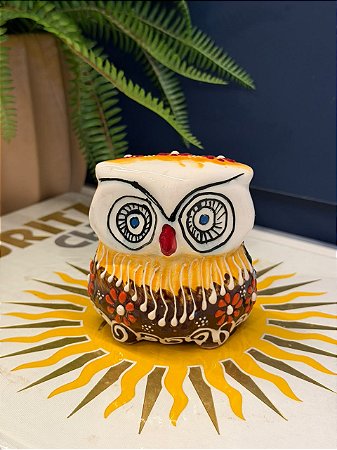 Coruja Decorativa - Cêramica - Pintado à mão - 9cm - Laranja e Marrom
