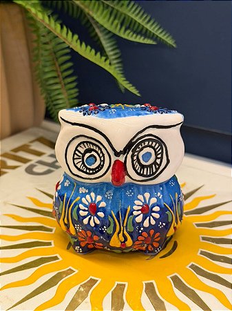 Coruja Decorativa - Cêramica - Pintado à mão - 9cm - Azul