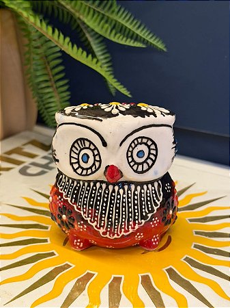 Coruja Decorativa - Cêramica - Pintado à mão - 9cm - Preto e Vermelha