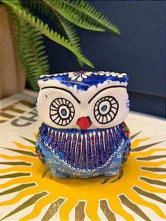 Coruja Decorativa - Cêramica - Pintado à mão - 9cm - Azul