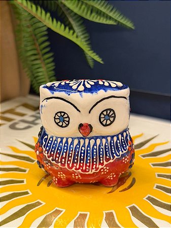 Coruja Decorativa - Cêramica - Pintado à mão - 7cm - Azul e Vermelho