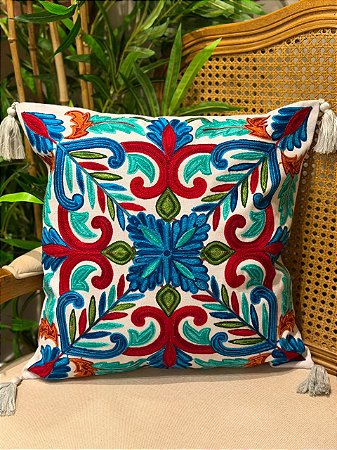 Capa de Almofada Bordada Tassel 45x45 Cinza Claro