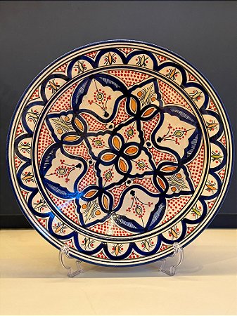 Prato Marroquino - Centro de Mesa 40CM - Cerâmica - Azul e Vermelho