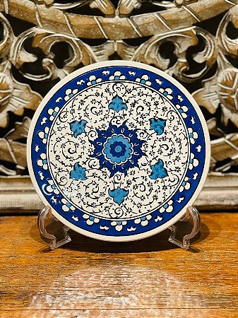 Descanso de Travessa e Panela - Turco - Redondo - Cerâmica - Azul e Branco