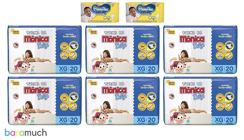 120 fraldas XG Turma da Mônica + 2 pacotes de lenços Mamypoko