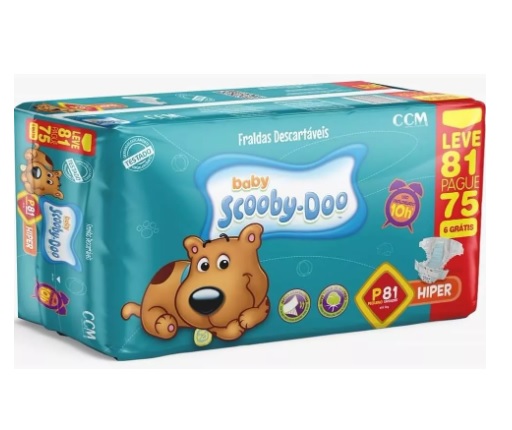 162 fraldas P Baby Scooby-Doo - Kit com 2 pacotes de 81un totalizando 162un.