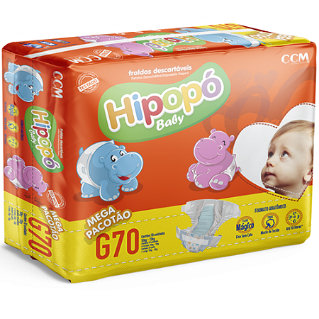 210 fraldas G Hipopó Baby - Kit com 3 pacotões de 70un totalizando 210un.