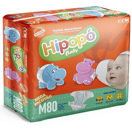 160 fraldas M Hipopó Baby - Kit com 2 pacotões de 80un totalizando 160un.