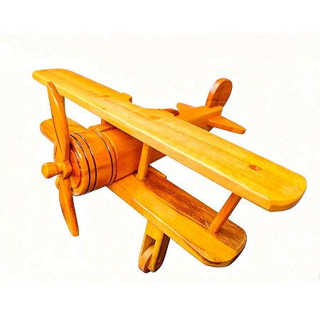Avião Pequeno Biplano de Madeira Artesanal Decorativo – Miniatura Vintage